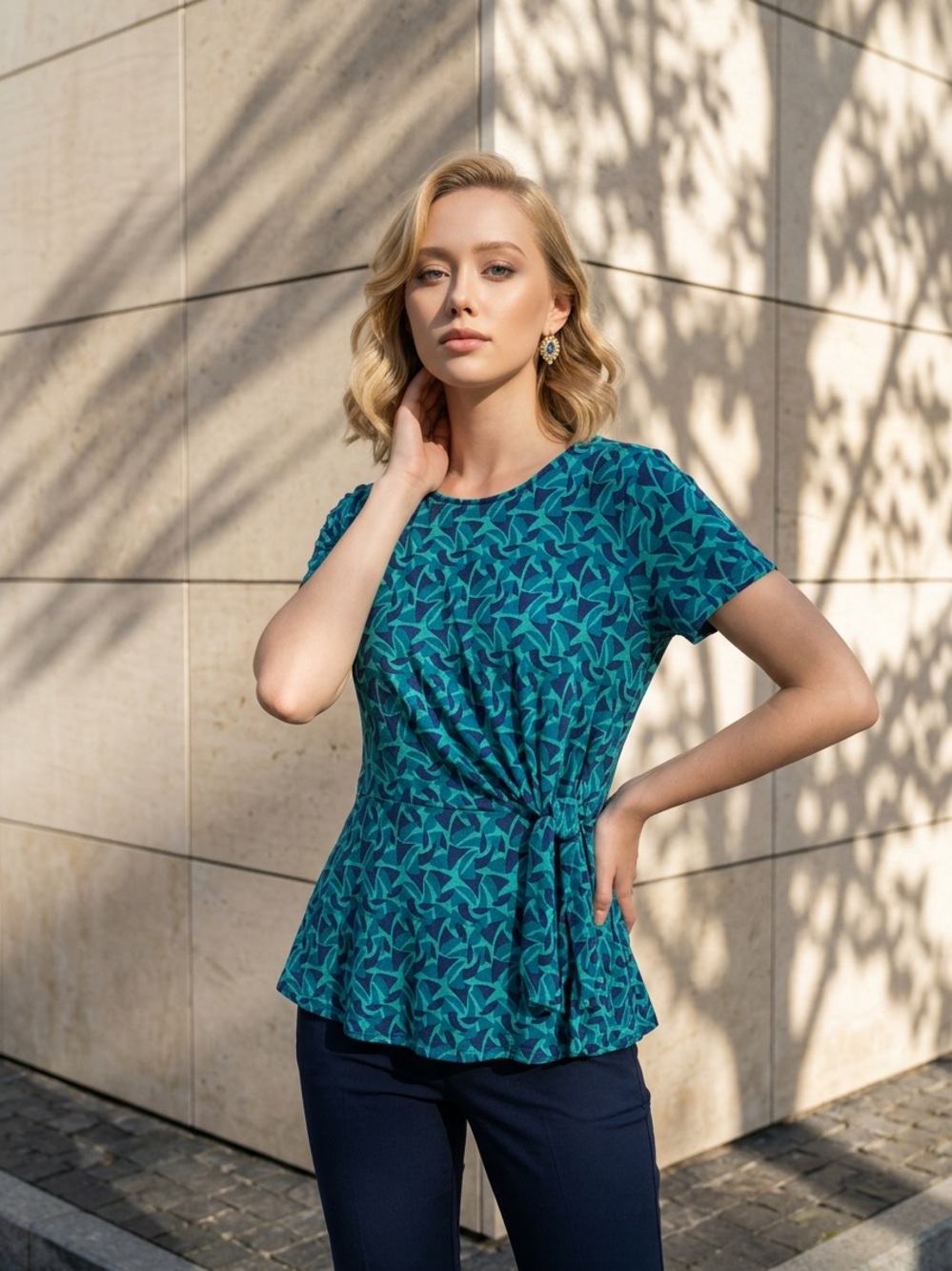 Liz Claiborne Teal & Navy Printed Tie-Detail Short Sleeve Top